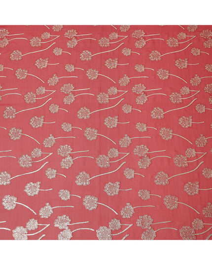 Coral red floral metallic motif silk chiffon with lurex detailing fabric, 110 Cms, South Korea-D23816