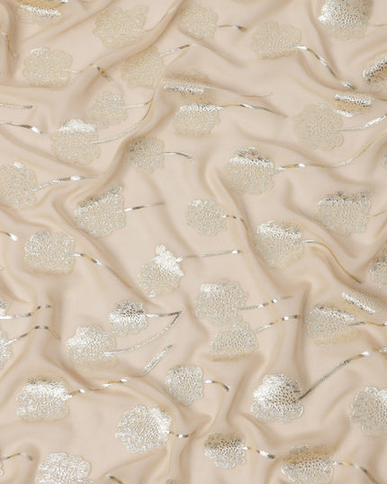 Light Beige floral metallic motif silk chiffon with gold lurex detailing fabric, 110 Cms, South Korea-D23817