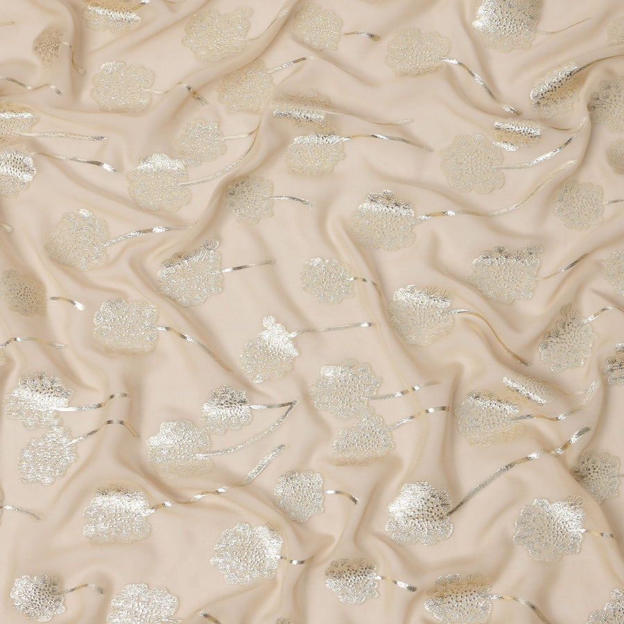 Light Beige floral metallic motif silk chiffon with gold lurex detailing fabric, 110 Cms, South Korea-D23817