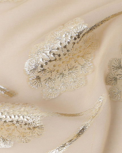 Light Beige floral metallic motif silk chiffon with gold lurex detailing fabric, 110 Cms, South Korea-D23817