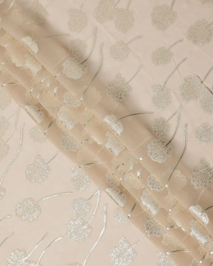Light Beige floral metallic motif silk chiffon with gold lurex detailing fabric, 110 Cms, South Korea-D23817