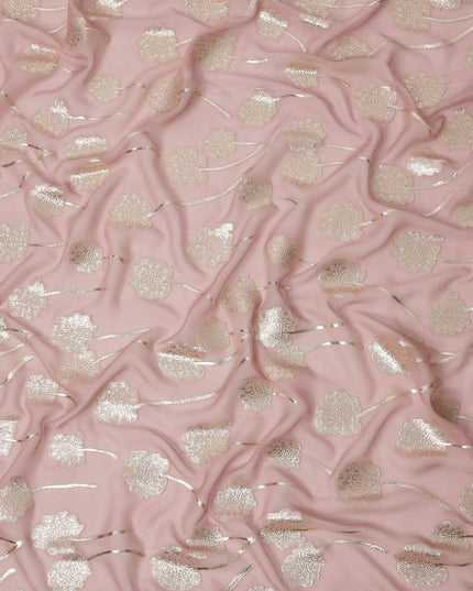 قماش شيفون حريري بنقشة زهور معدنية وردية وردية مع تفاصيل لوريكس ذهبية، 110 سم، كوريا الجنوبية - D23818