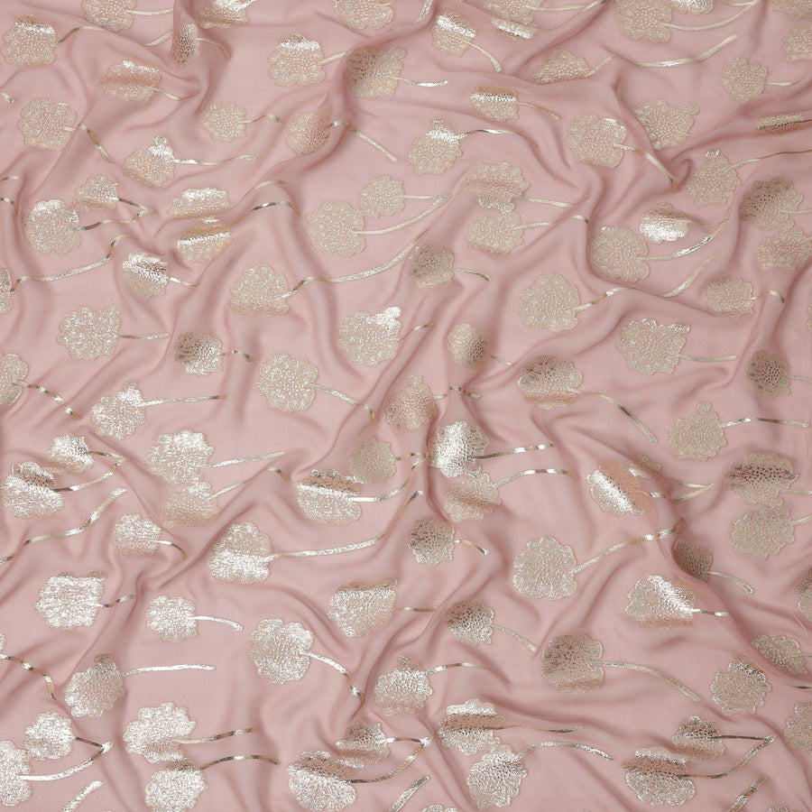 قماش شيفون حريري بنقشة زهور معدنية وردية وردية مع تفاصيل لوريكس ذهبية، 110 سم، كوريا الجنوبية - D23818