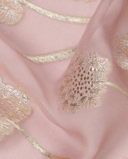 قماش شيفون حريري بنقشة زهور معدنية وردية وردية مع تفاصيل لوريكس ذهبية، 110 سم، كوريا الجنوبية - D23818