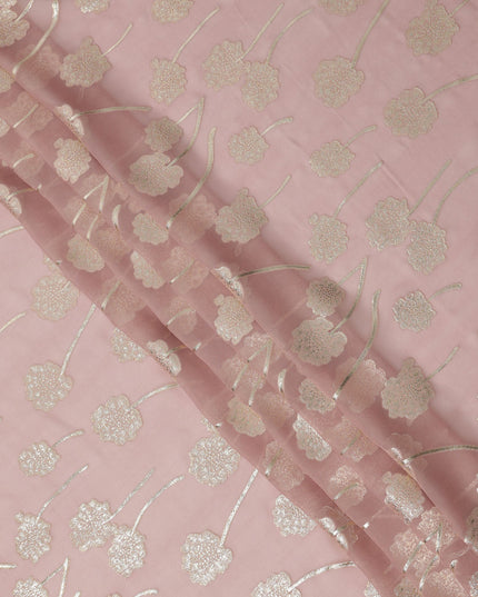 قماش شيفون حريري بنقشة زهور معدنية وردية وردية مع تفاصيل لوريكس ذهبية، 110 سم، كوريا الجنوبية - D23818