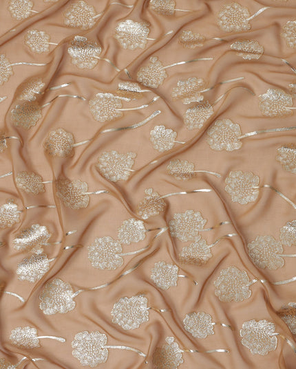 Nude beige floral metallic motif silk chiffon with gold lurex detailing fabric, 110 Cms, South Korea-D23820 Regal Fabrics