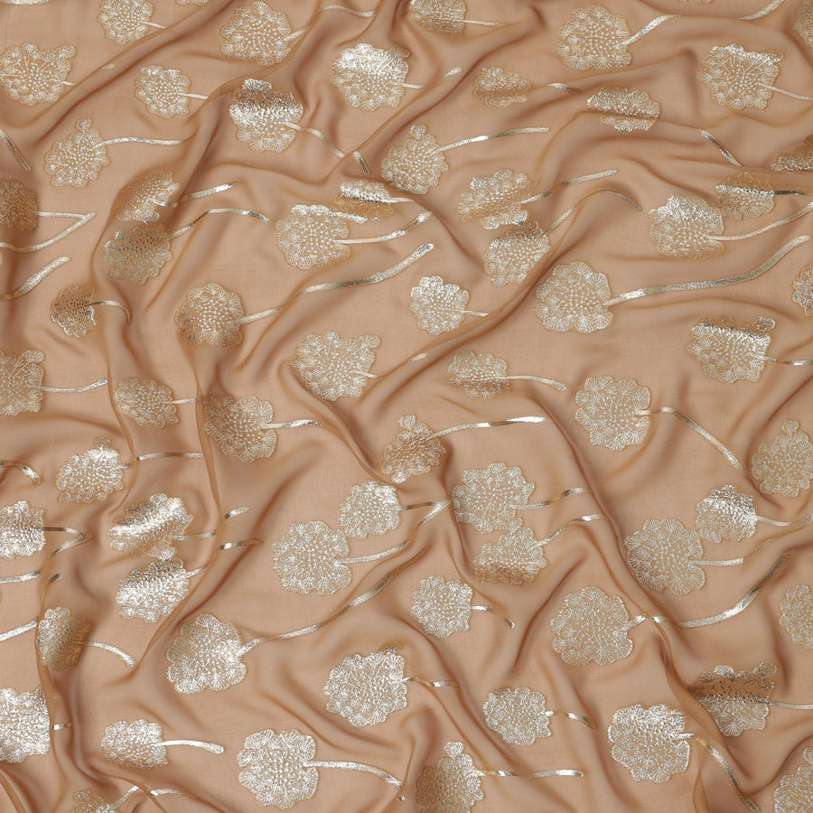 Nude beige floral metallic motif silk chiffon with gold lurex detailing fabric, 110 Cms, South Korea-D23820 Regal Fabrics