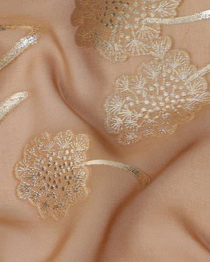 Nude beige floral metallic motif silk chiffon with gold lurex detailing fabric, 110 Cms, South Korea-D23820 Regal Fabrics