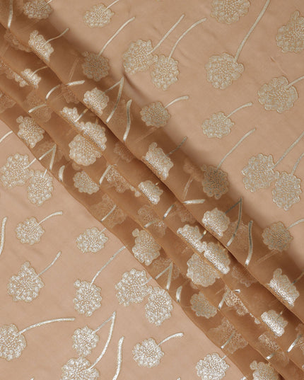 Nude beige floral metallic motif silk chiffon with gold lurex detailing fabric, 110 Cms, South Korea-D23820 Regal Fabrics