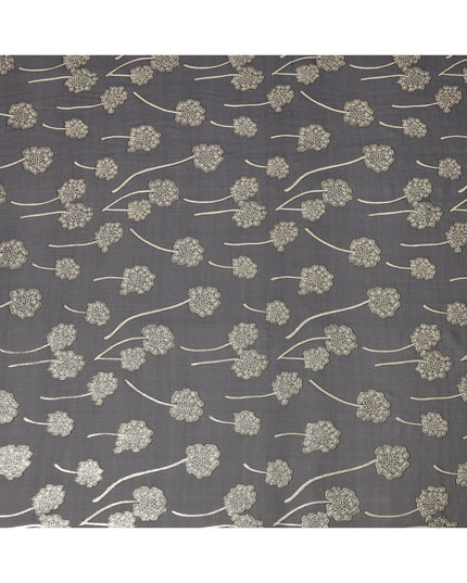 قماش شيفون حريري أسود فحمي بنقشة زهور معدنية مع تفاصيل لوركس فضية، 110 سم، كوريا الجنوبية - D23821