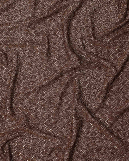 Chocolate brown chevron mirror embroidered synthetic blended viscose fabric, 110 Cms, India-D23822