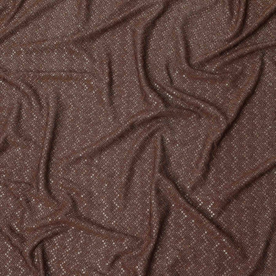 Chocolate brown chevron mirror embroidered synthetic blended viscose fabric, 110 Cms, India-D23822