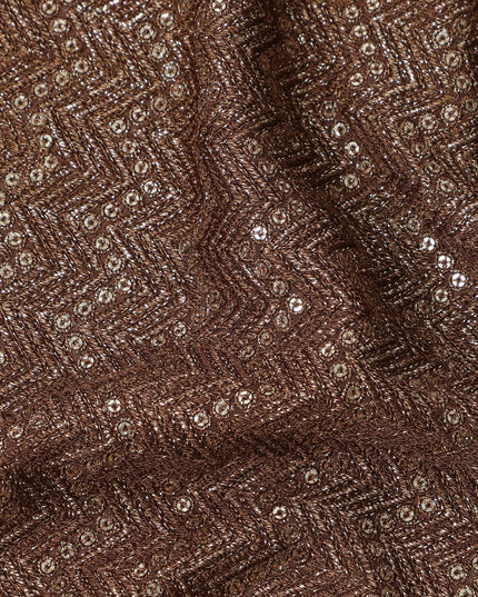 Chocolate brown chevron mirror embroidered synthetic blended viscose fabric, 110 Cms, India-D23822