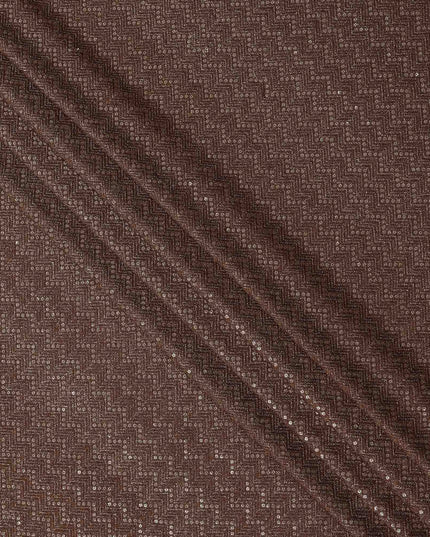 Chocolate brown chevron mirror embroidered synthetic blended viscose fabric, 110 Cms, India-D23822