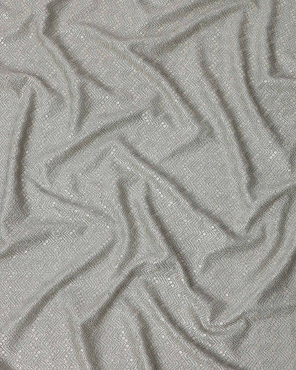 Silver grey chevron mirror embroidered synthetic blended viscose fabric, 110 Cms, India-D23823