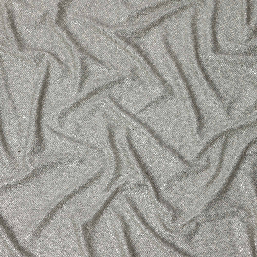 Silver grey chevron mirror embroidered synthetic blended viscose fabric, 110 Cms, India-D23823