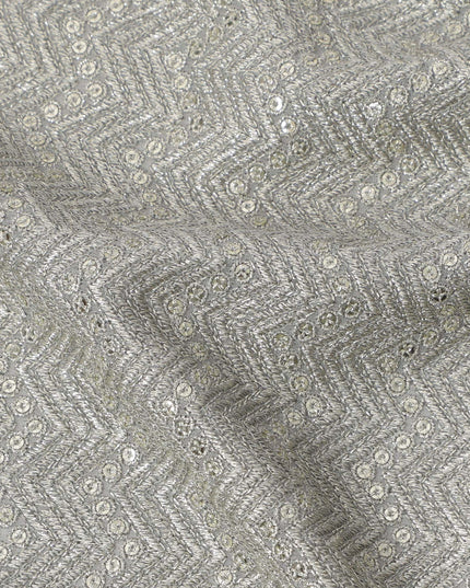 Silver grey chevron mirror embroidered synthetic blended viscose fabric, 110 Cms, India-D23823