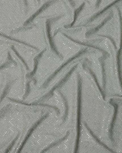 Dusty sage green chevron mirror embroidered synthetic blended viscose fabric, 110 Cms, India-D23824