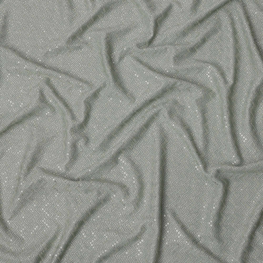 Dusty sage green chevron mirror embroidered synthetic blended viscose fabric, 110 Cms, India-D23824