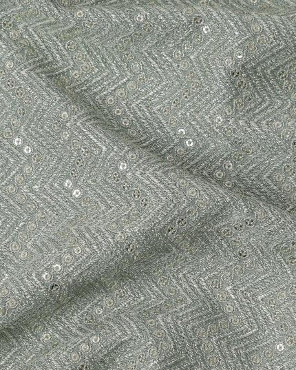 Dusty sage green chevron mirror embroidered synthetic blended viscose fabric, 110 Cms, India-D23824