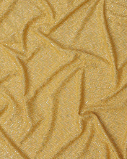 Sunshine yellow chevron mirror embroidered synthetic blended viscose fabric, 110 Cms, India-D23825