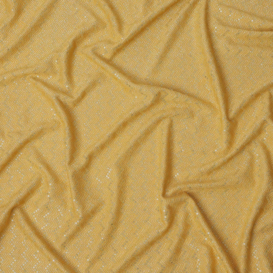 Sunshine yellow chevron mirror embroidered synthetic blended viscose fabric, 110 Cms, India-D23825