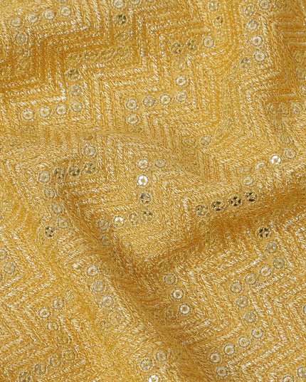 Sunshine yellow chevron mirror embroidered synthetic blended viscose fabric, 110 Cms, India-D23825