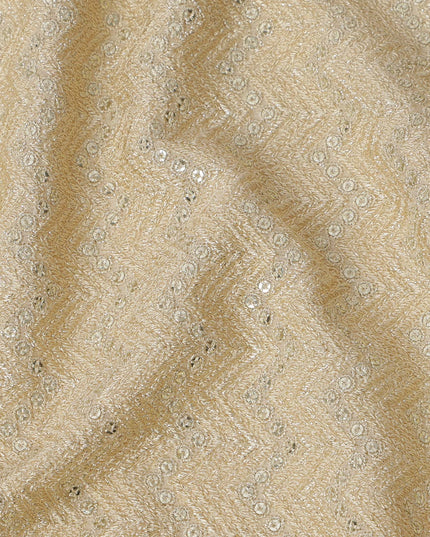 Champagne beige chevron mirror embroidered synthetic blended viscose fabric, 110 Cms, India-D23826