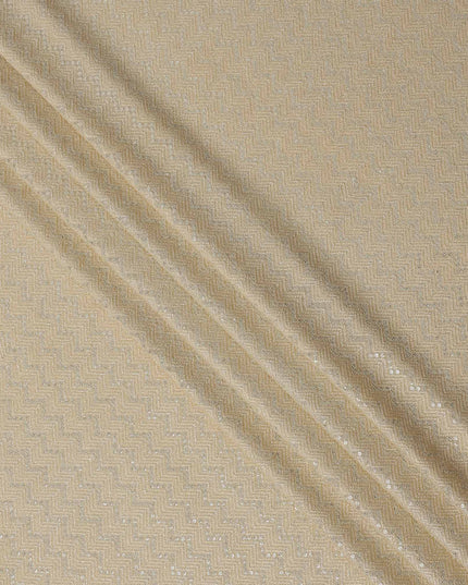 Champagne beige chevron mirror embroidered synthetic blended viscose fabric, 110 Cms, India-D23826