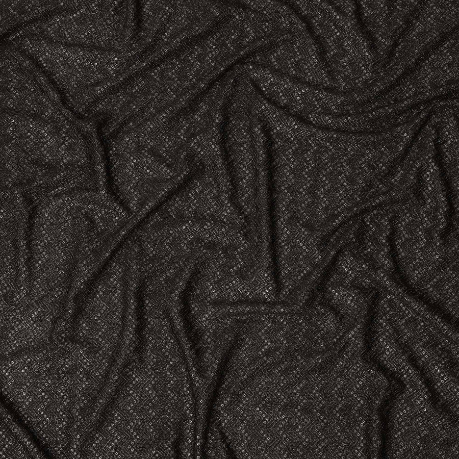 Charcoal black chevron mirror embroidered synthetic blended viscose fabric, 110 Cms, India-D23827