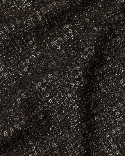 Charcoal black chevron mirror embroidered synthetic blended viscose fabric, 110 Cms, India-D23827