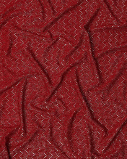 Crimson red chevron mirror embroidered synthetic blended viscose fabric, 110 Cms, India-D23828