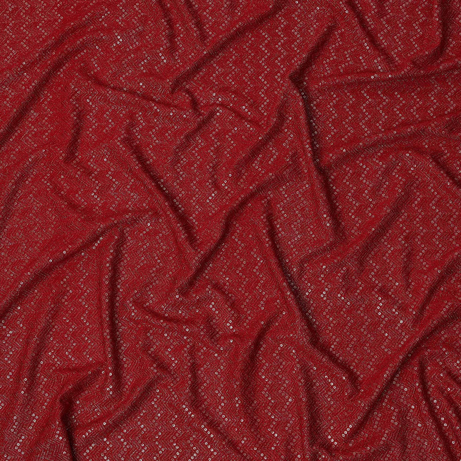 Crimson red chevron mirror embroidered synthetic blended viscose fabric, 110 Cms, India-D23828