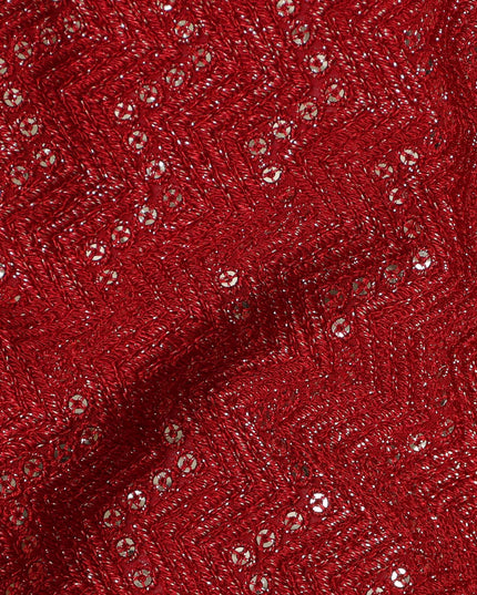 Crimson red chevron mirror embroidered synthetic blended viscose fabric, 110 Cms, India-D23828