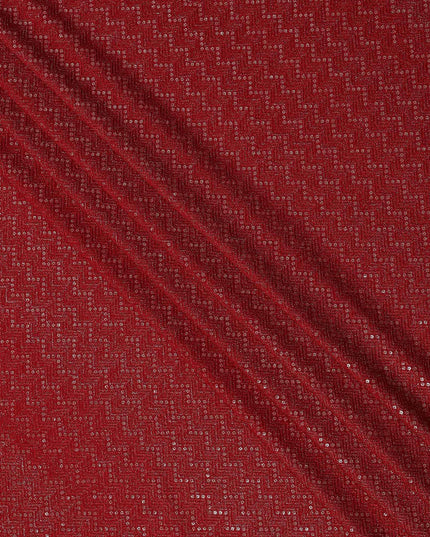 Crimson red chevron mirror embroidered synthetic blended viscose fabric, 110 Cms, India-D23828