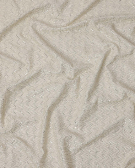 Ivory white chevron mirror embroidered synthetic blended viscose fabric, 110 Cms, India-D23829