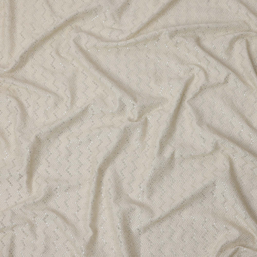 Ivory white chevron mirror embroidered synthetic blended viscose fabric, 110 Cms, India-D23829