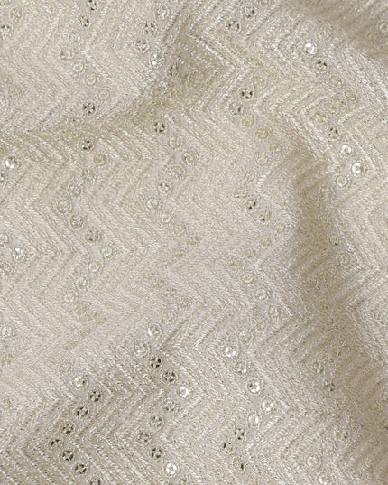 Ivory white chevron mirror embroidered synthetic blended viscose fabric, 110 Cms, India-D23829
