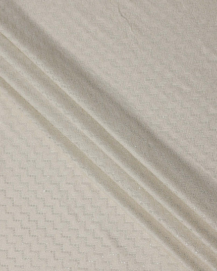 Ivory white chevron mirror embroidered synthetic blended viscose fabric, 110 Cms, India-D23829