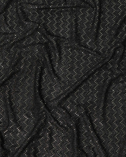 Jet black chevron mirror embroidered synthetic blended viscose fabric, 110 Cms, India-D23830