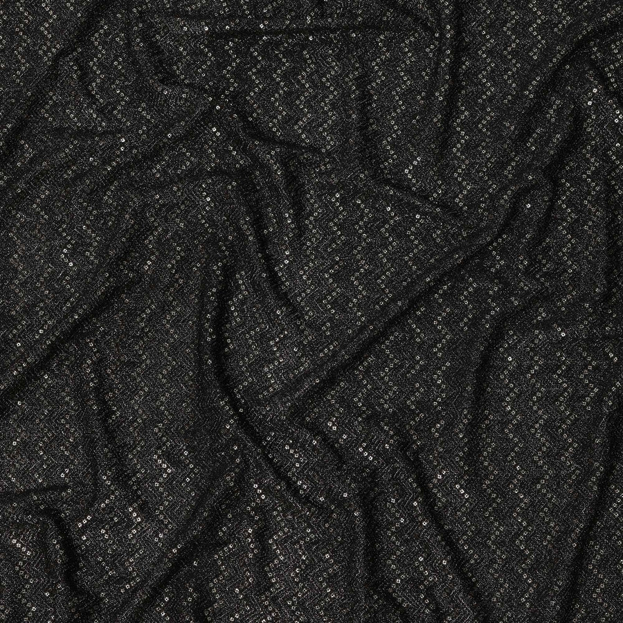 Jet black chevron mirror embroidered synthetic blended viscose fabric, 110 Cms, India-D23830