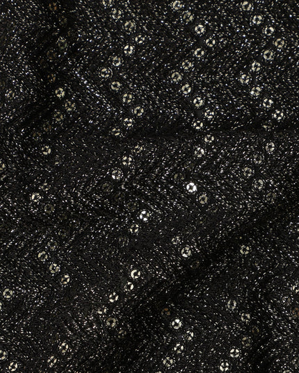 Jet black chevron mirror embroidered synthetic blended viscose fabric, 110 Cms, India-D23830