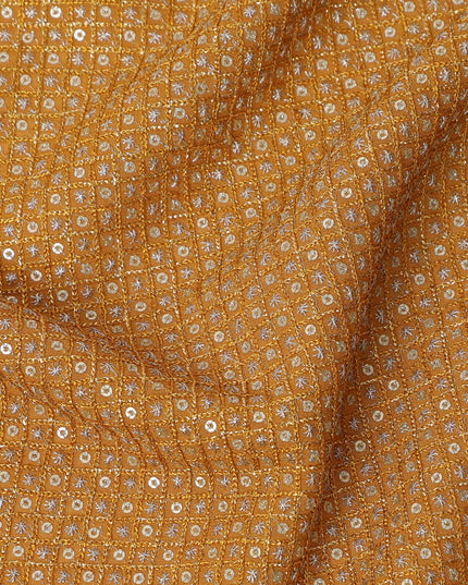 Mustard yellow square mirror floral embroidered synthetic blended viscose fabric, 110 Cms, India-D23831