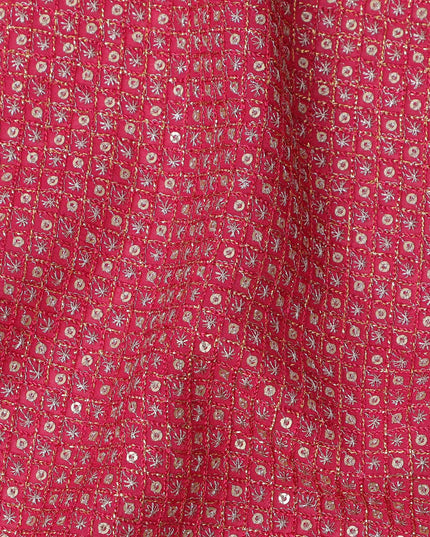 Rani pink square floral mirror embroidered synthetic blended viscose fabric, 110 Cms, India-D23832