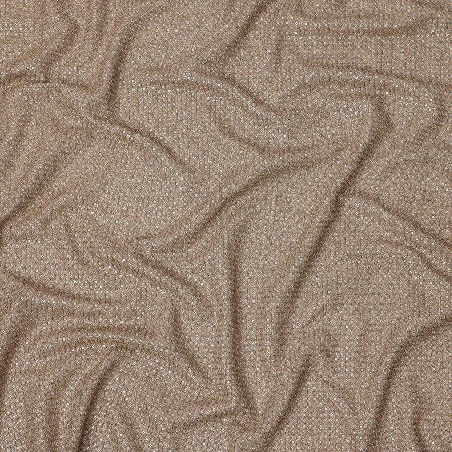 Taupe beige square floral mirror embroidered synthetic blended viscose fabric, 110 Cms, India-D23833