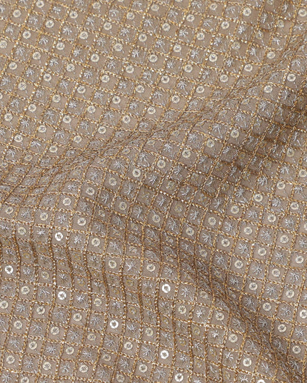 Taupe beige square floral mirror embroidered synthetic blended viscose fabric, 110 Cms, India-D23833