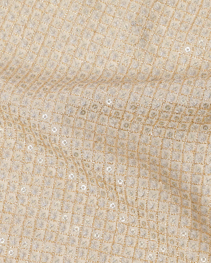 Ivory cream square floral mirror embroidered synthetic blended viscose fabric, 110 Cms, India-D23834