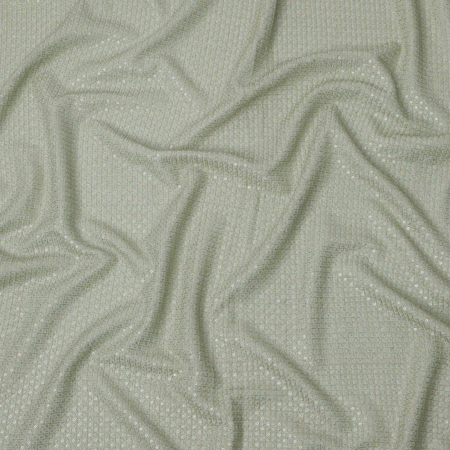 Sage green square floral mirror embroidered synthetic blended viscose fabric, 110 Cms, India-D23835