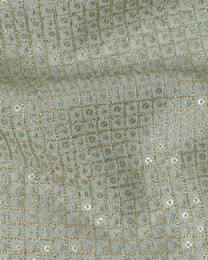 Sage green square floral mirror embroidered synthetic blended viscose fabric, 110 Cms, India-D23835