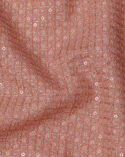 Dusty rose pink square floral mirror embroidered synthetic blended viscose fabric, 110 Cms, India-D23836